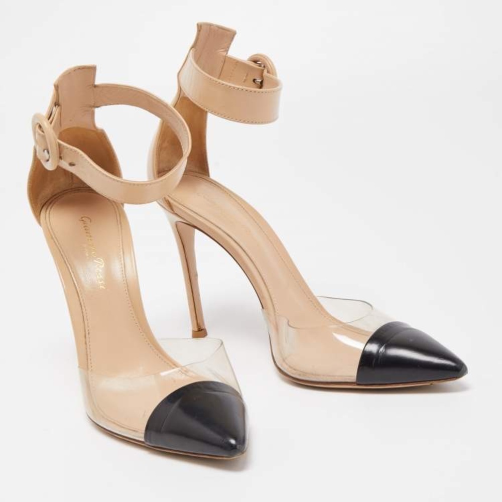 Gianvito Rossi Nude and Black Leather and PVC Ankle Strap Pumps Size 38.5 - Picture 3 of 12